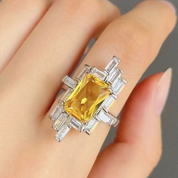 Canary Yellow  Emerald Cut 8.75 Ct. Sapphire Ring Clear White Baguette Sapphire - Picture 3 of 5